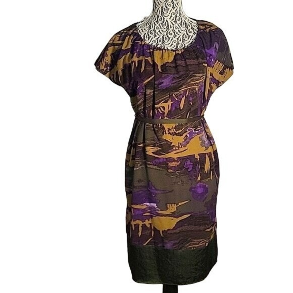 Abstract Print Dress with‎ Belt Purple Brown Casual Dress